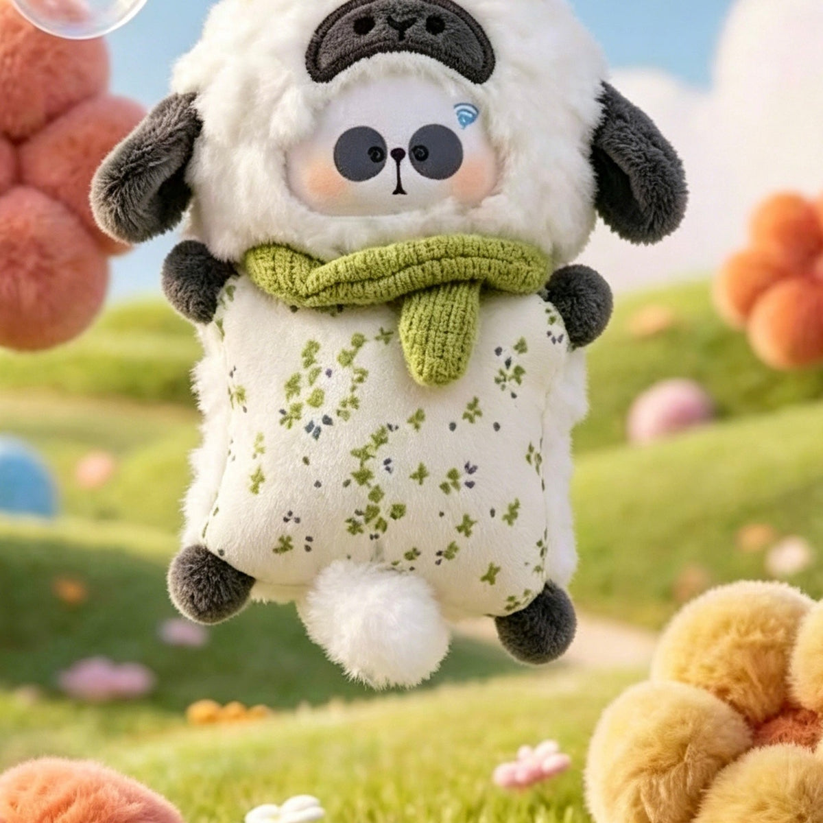 MR.PA Warm Hug Series Plush Pendant Blind Box - White and black animal hood with green scarf and floral body; upper hood cropped; random design not guaranteed; display props not included