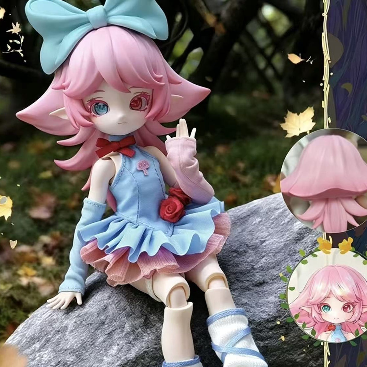 Mushroom Mycelium Naming Series 1/12 BJD Blind Box - Pink-haired BJD design detail; upper bow and lower boots cropped; random design not guaranteed; display props not included