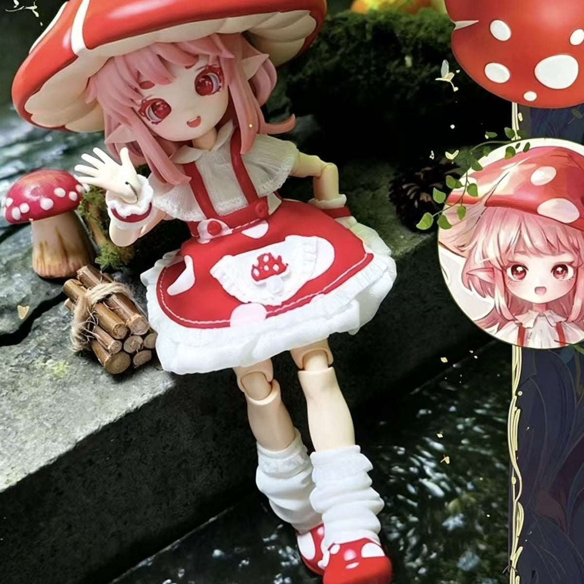 Mushroom Mycelium Naming Series 1/12 BJD Blind Box - Red mushroom-cap BJD design detail; upper cap and lower shoe cropped; random design not guaranteed; display props not included