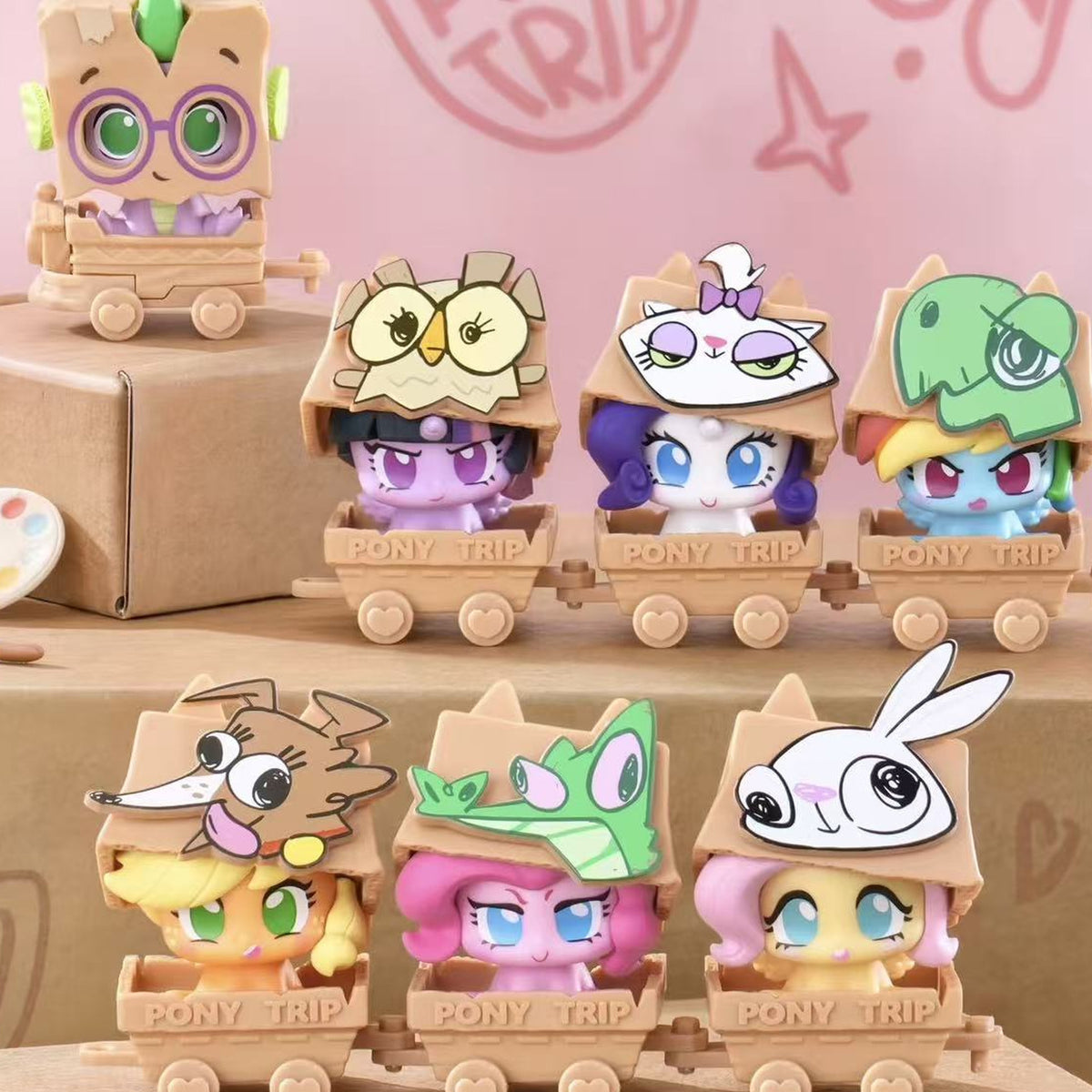 My Little Pony Box Play Series MINI Figure Blind Box - Mini figure series display with complete central cart examples; upper and outer examples cropped; random design not guaranteed