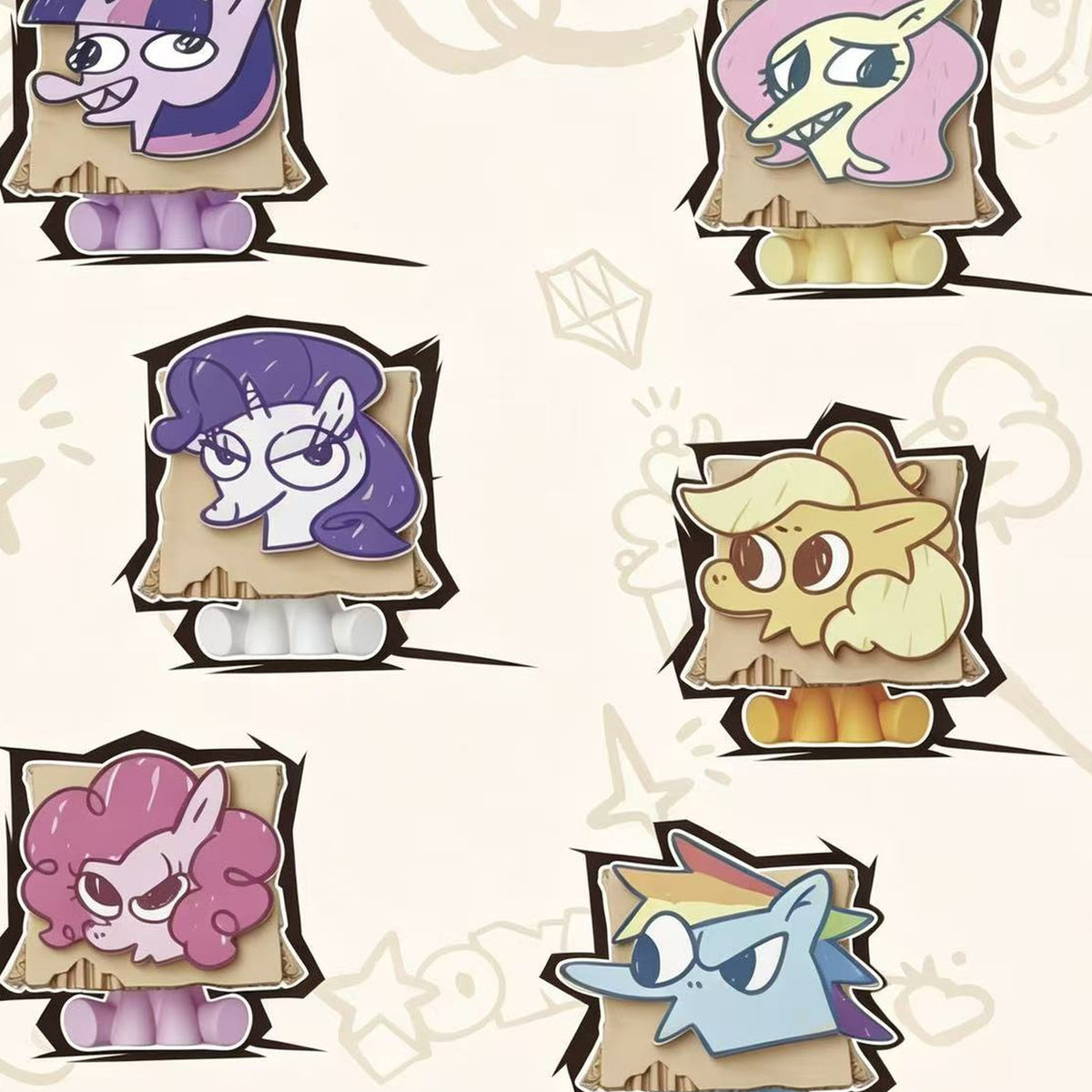 My Little Pony Box Play Series MINI Figure Blind Box - Possible mini figure designs in cardboard-style costumes; outer examples cropped; random design not guaranteed