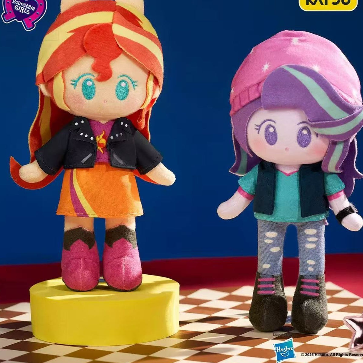 My Little Pony Equestria Girls Series Plush Doll - Sunset Shimmer and Sci-Twi comparison; upper headwear partly cropped; selected option supplies one doll; display props not included