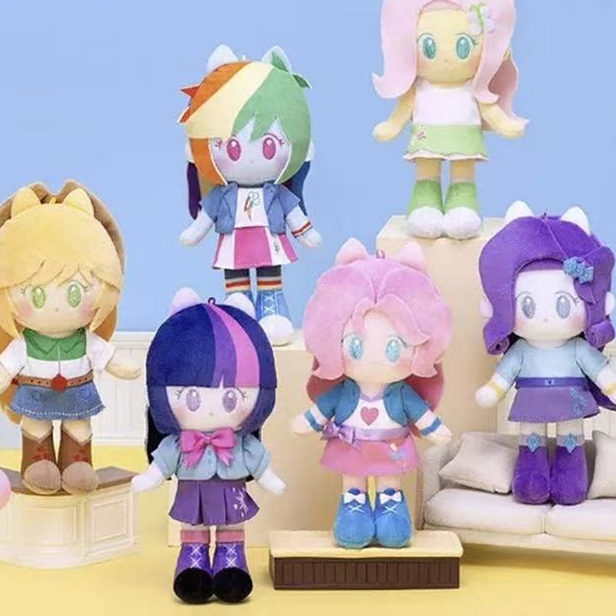My Little Pony Equestria Girls Series Plush Doll - Six-design comparison including Pinkie Pie and Twilight Sparkle; some outer designs cropped; selected option supplies one doll; display props not included