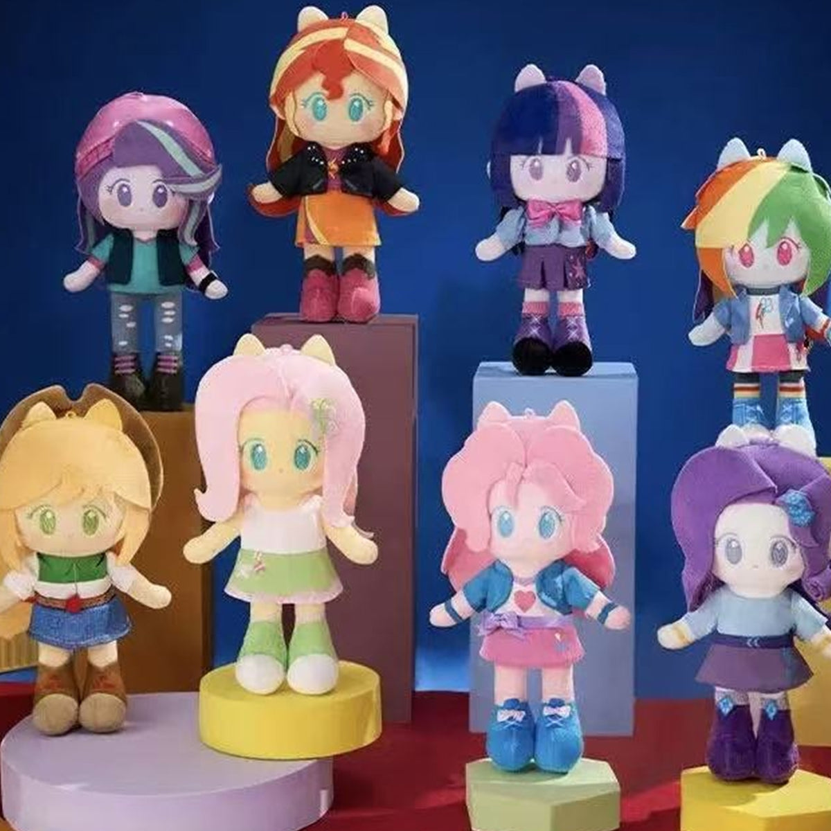 My Little Pony Equestria Girls Series Plush Doll - Eight-design comparison with edge cropping; full Applejack is shown in added complete comparison; display props not included