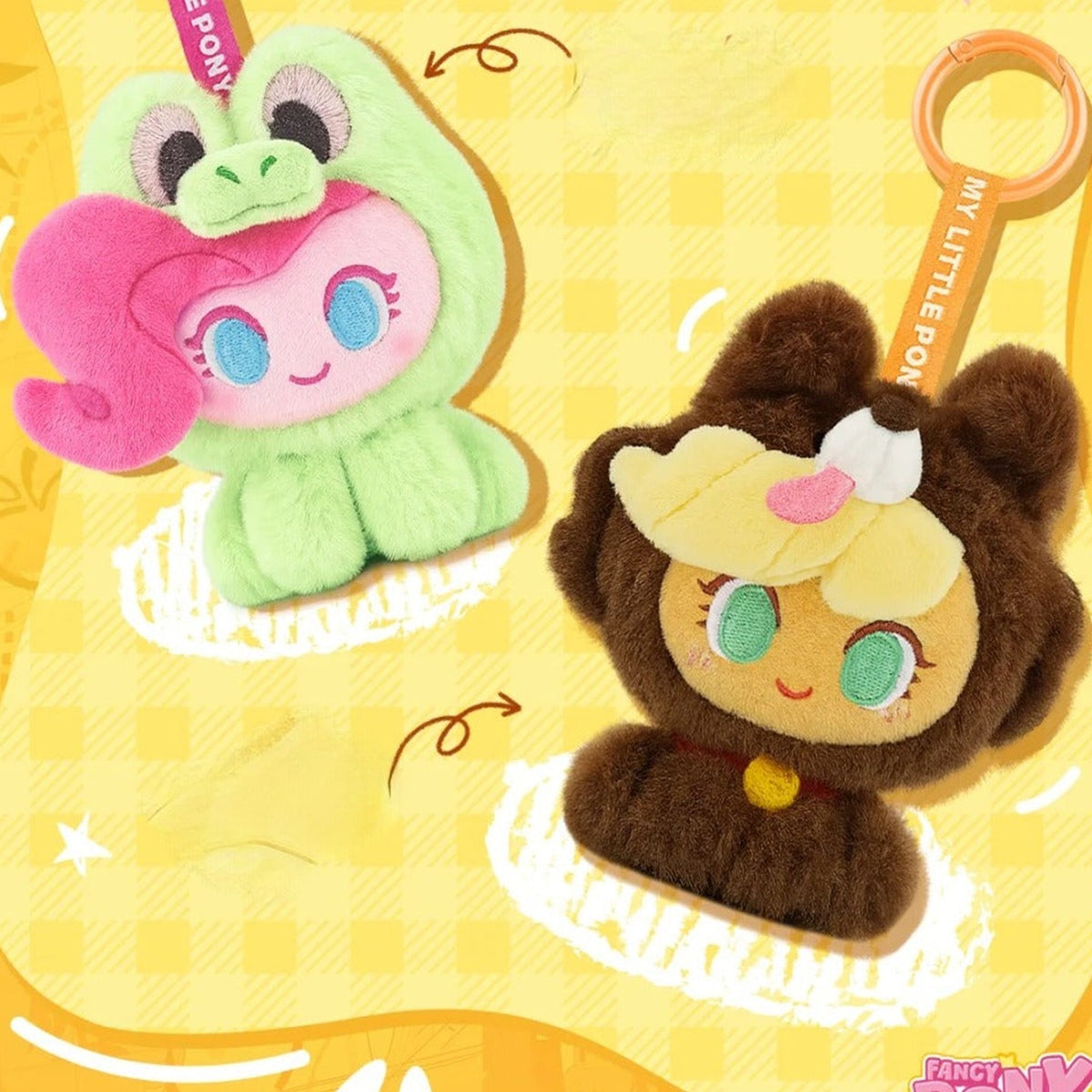 My Little Pony Fancy Pony Pets Series Plush Pendant Blind Box - Complete frog and dog-hood pony plush examples; hanging straps extend beyond frame; random design not guaranteed