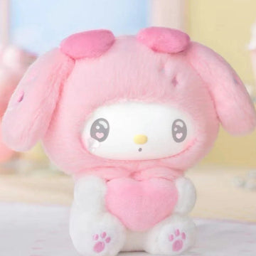 My Melody 50th Anniversary Series Plush Dolls, Blind Box - Pink plush pendant detail with lower feet at frame edge; random design not guaranteed