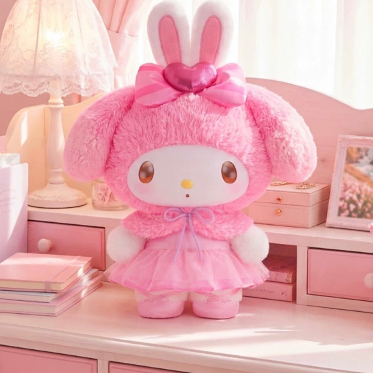 My Melody Colorful Frosting — pink plush doll in a styled room
