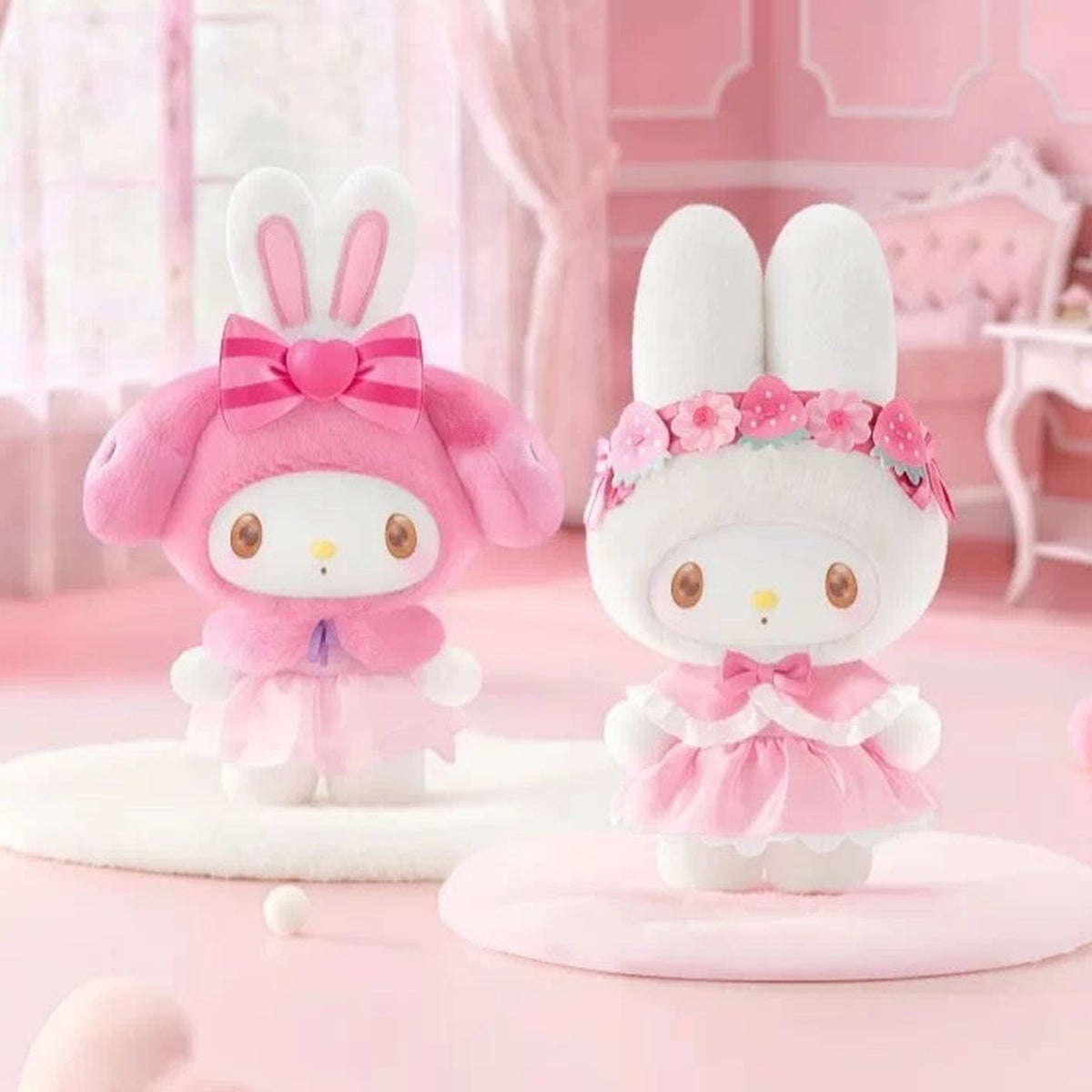 My Melody Sweet Dreams Boudoin Series Plush Pendant Blind Box - Complete paired pink and white plush pendant examples; random design not guaranteed