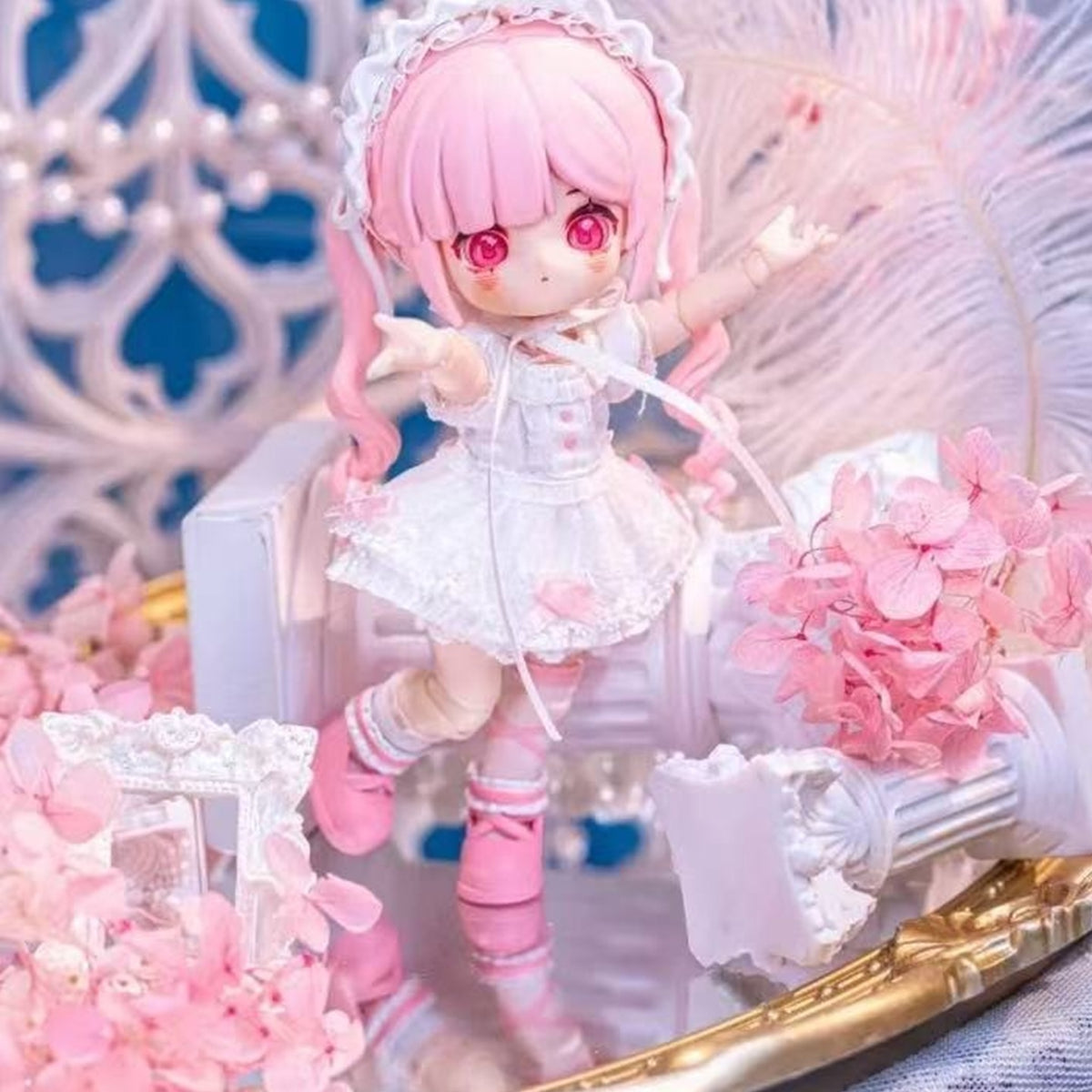 NAGI Illusory Realm pink-haired doll with white lace outfit, long ears and pink boots; series example