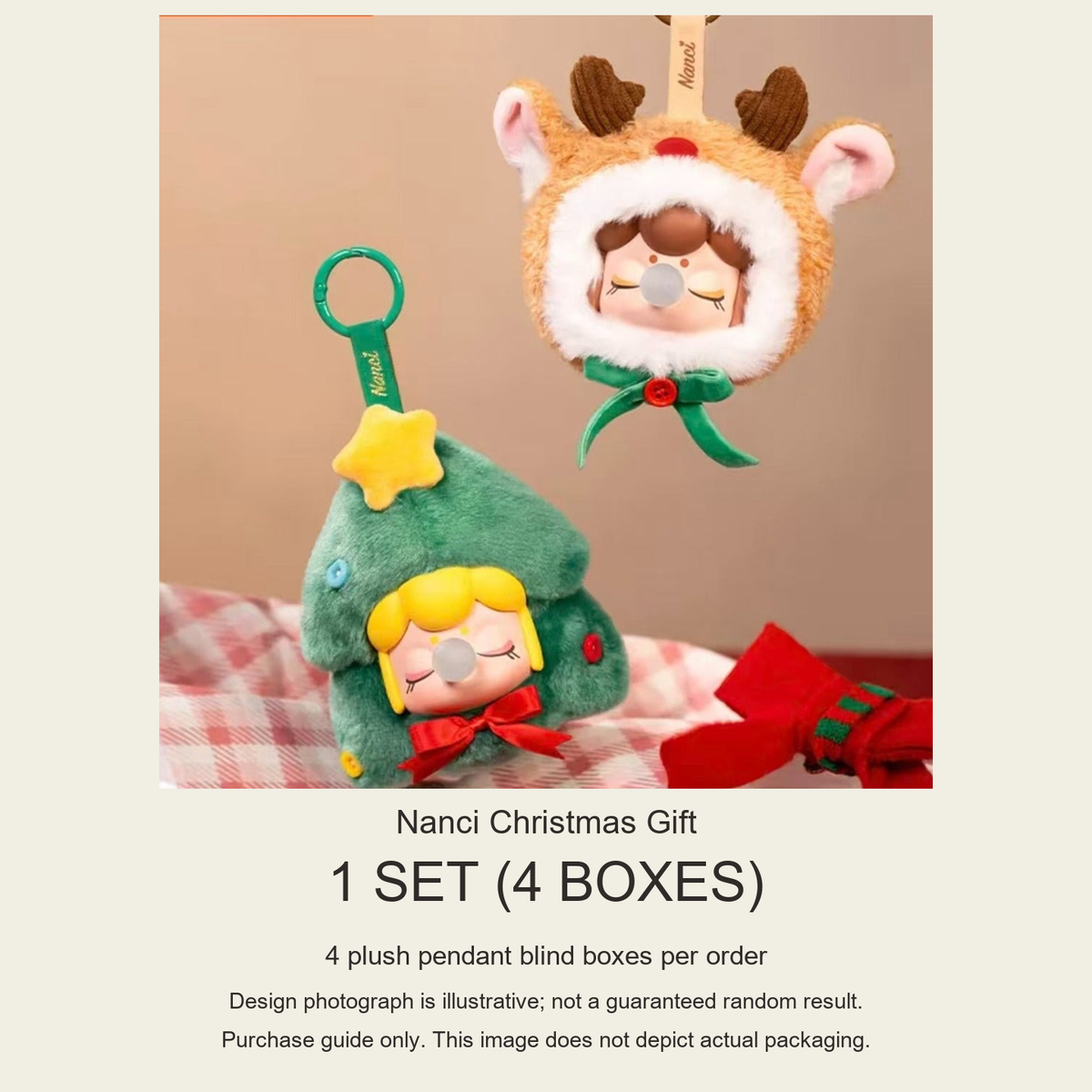 Nanci Christmas Gift purchase guide: 4 plush pendant blind boxes; design reference, not actual packaging