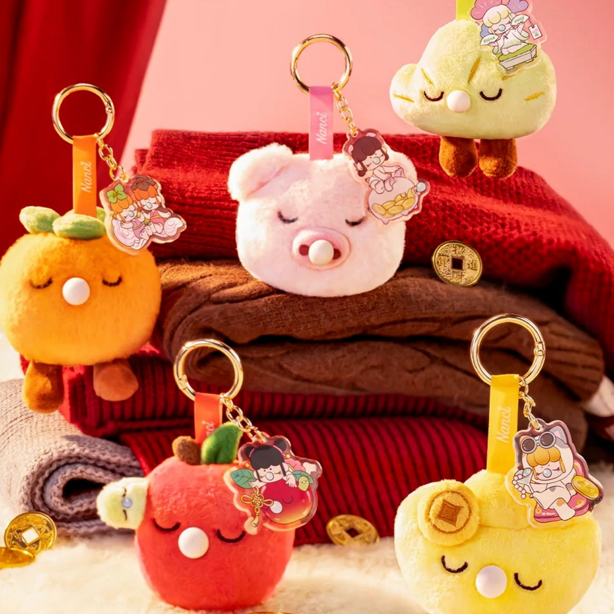 Nanci Good Luck Comes Around: Good Luck Comes Around red, pink, green, yellow and orange plush pendant design references