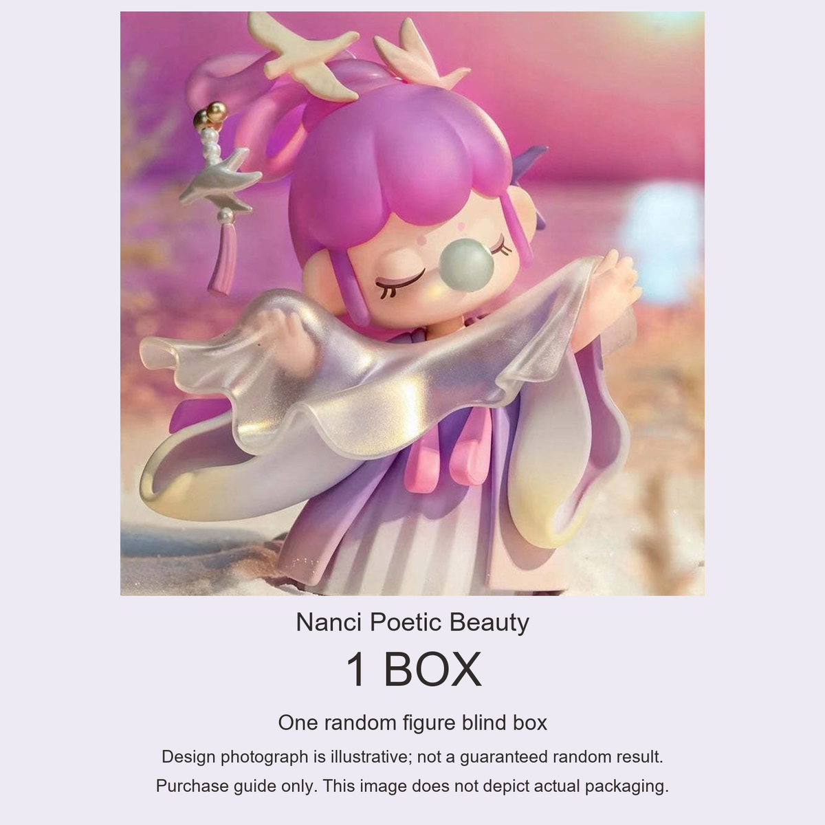 Nanci Poetic Beauty purchase guide: one random figure blind box; illustrative design, not actual packaging