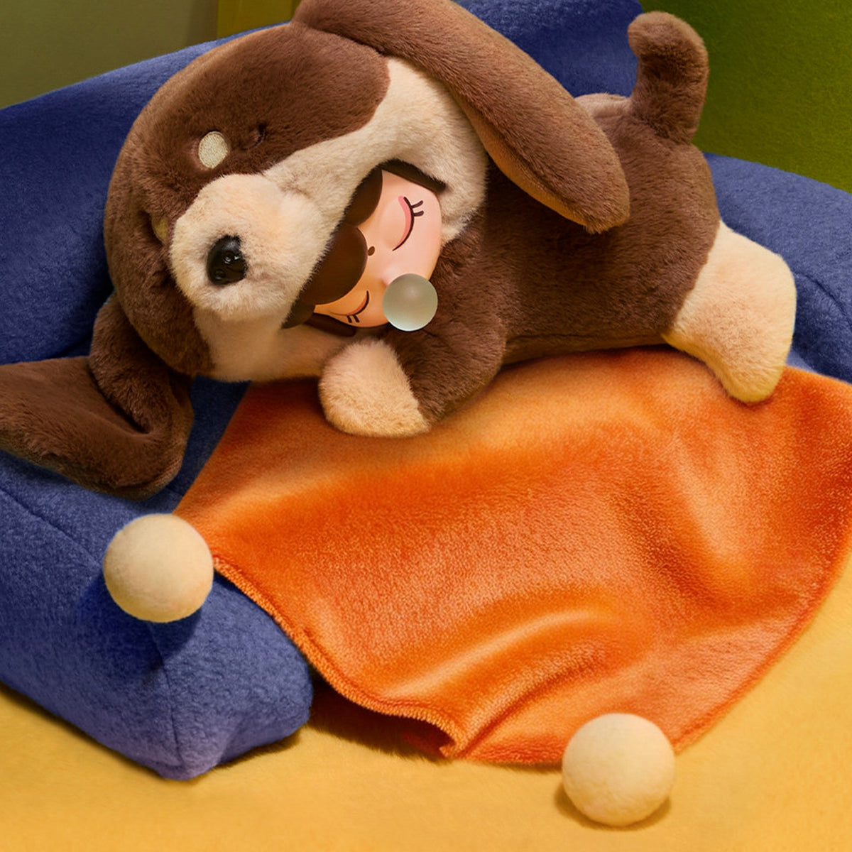 Nanci Puppy Club: Dachshund brown Puppy Club plush doll design in a colourful scene