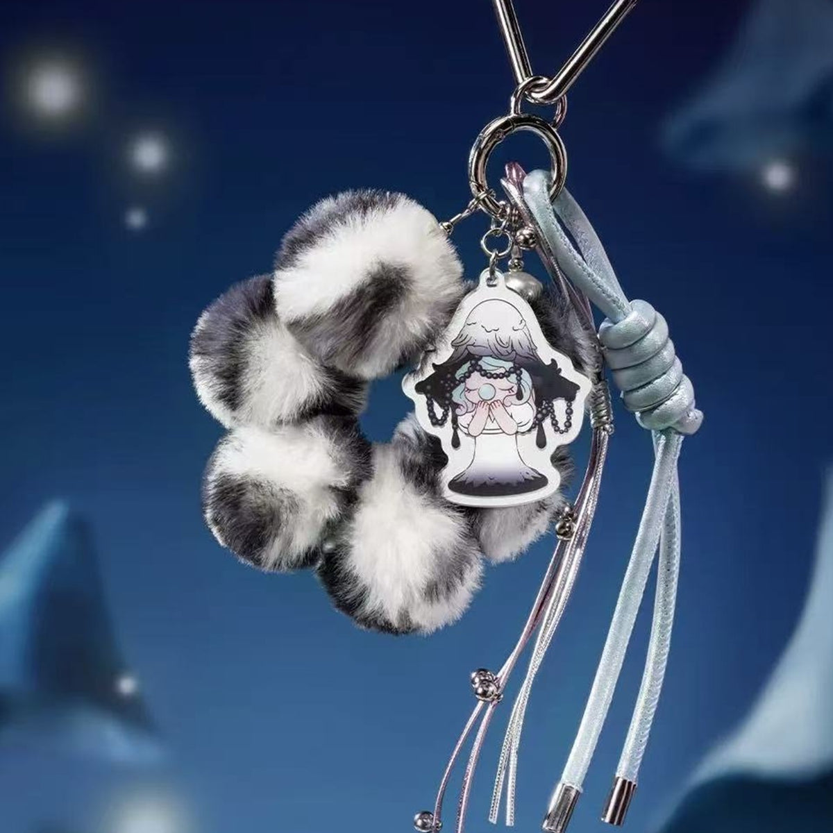 Nanci Secret Fantasy Plush Pendants: Mushroom Spell fluffy pendant with a printed character charm and hanging cords