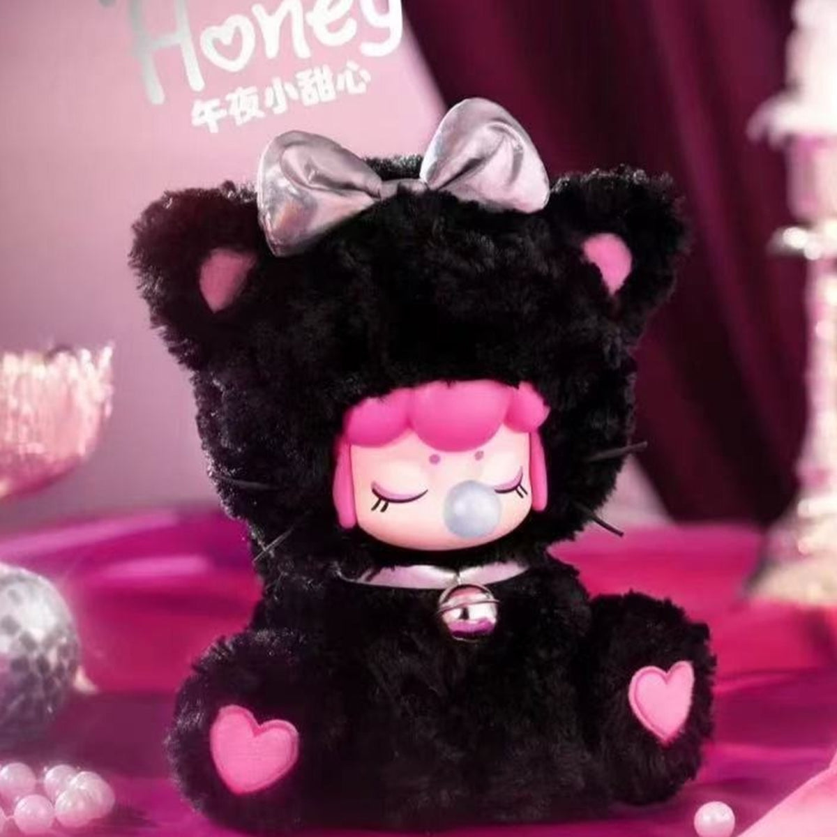 Nanci Tea Time Kitties: Black and pink kitten plush design with ribbon details