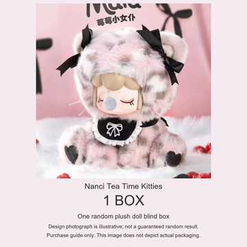 Nanci Tea Time Kitties purchase guide: one random plush doll blind box; illustrative design, not actual packaging