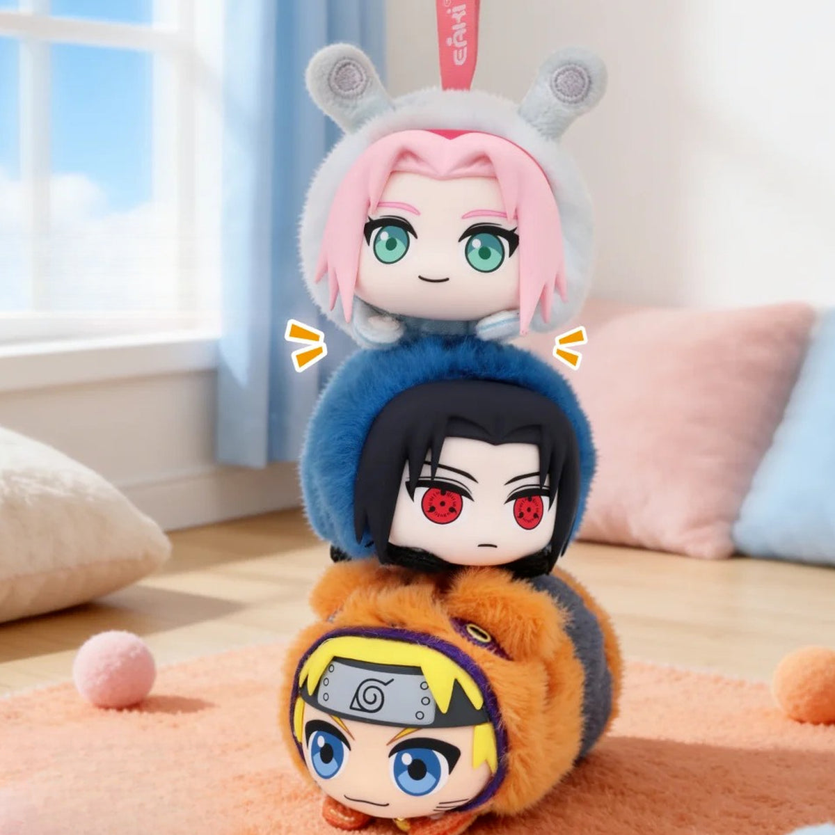 NARUTO Cute Beast Lying Party Series Plush Pendant Blind Box - Stacked plush pendant examples with complete central bodies and upper strap cropped; random design not guaranteed