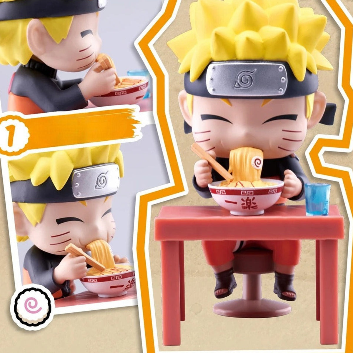NARUTO Shippuden Ramen Series Blind Box - Naruto ramen figure composite with upper hair cropped; additional views show the same design; random design not guaranteed