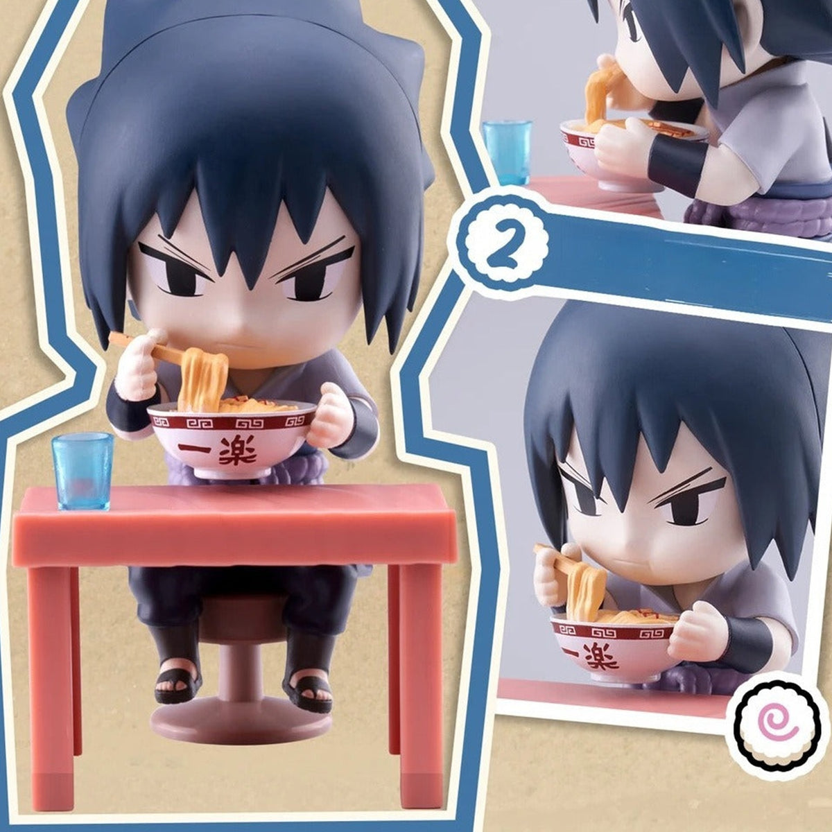 NARUTO Shippuden Ramen Series Blind Box - Sasuke ramen figure composite with upper hair cropped; additional views show the same design; random design not guaranteed