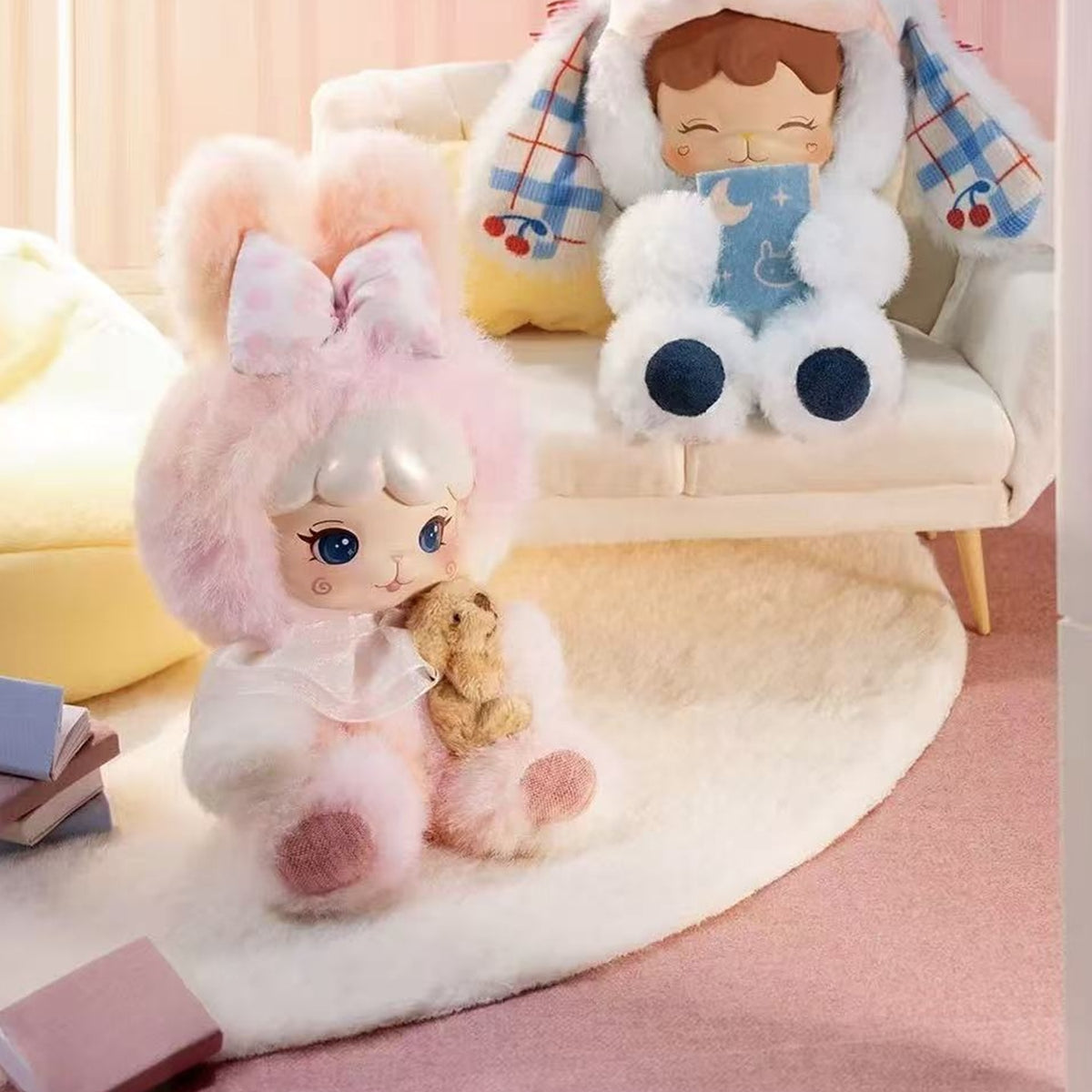 Niki Friends Cute Bedtime Pals Series Plush Pendant Blind Box - Pink complete plush pendant example; background plush partly cropped; random design not guaranteed