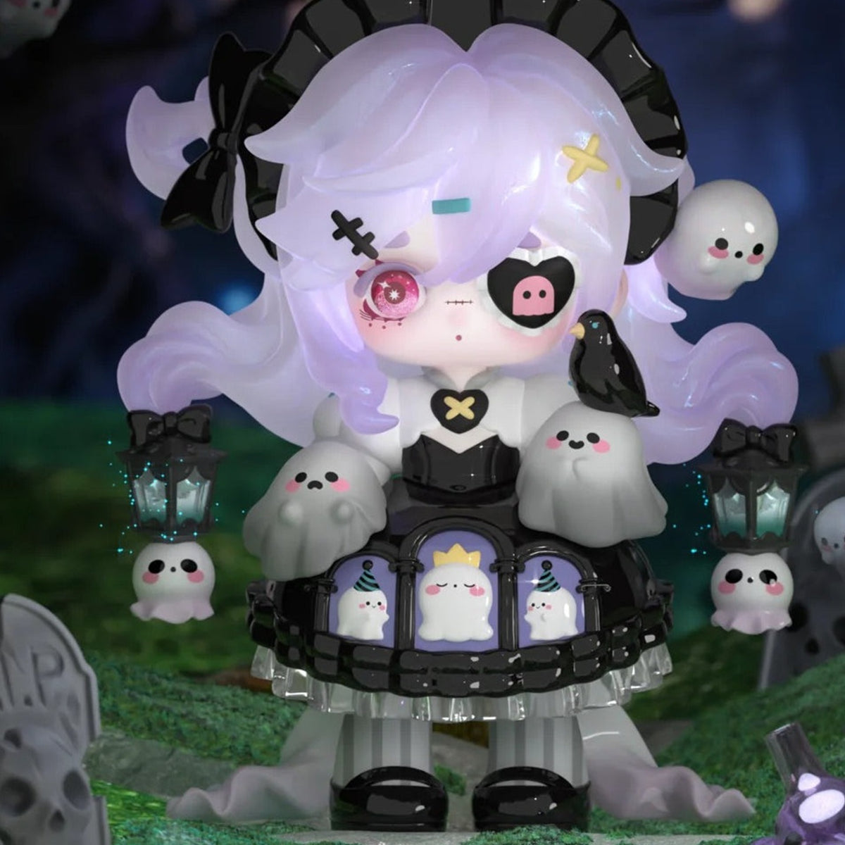 NINITA Witch Revelation Series Figure Blind Box - Complete purple-haired witch figure example with ghost motifs; random design not guaranteed