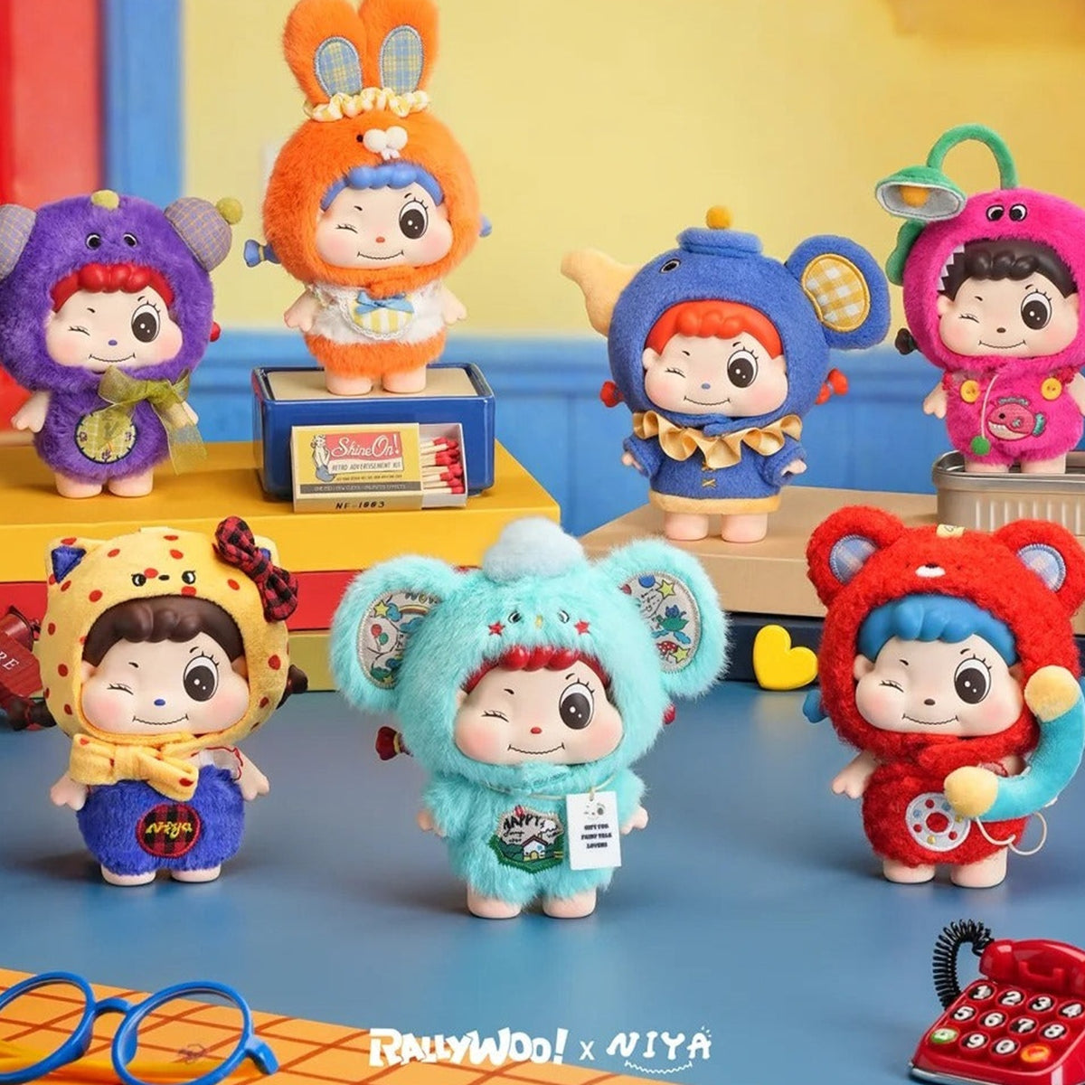 NIYA Gulu Gulu Grocery Store Series Vinyl Plush Blind Box - Series comparison with complete central vinyl plush doll examples and outer edge cropped; random design not guaranteed