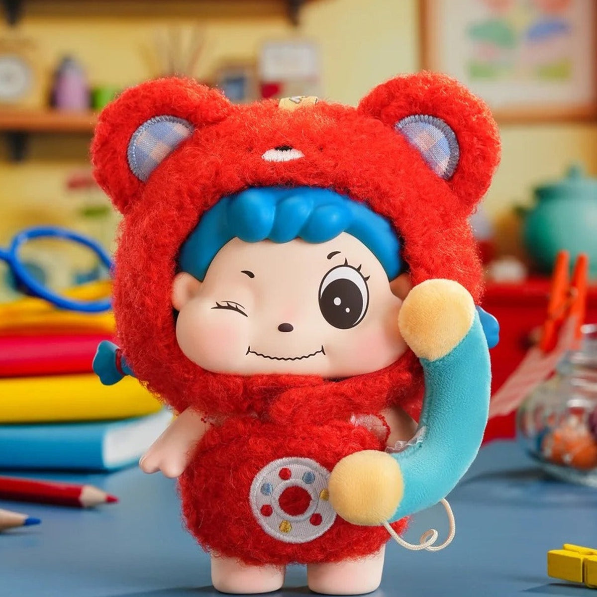 NIYA Gulu Gulu Grocery Store Series Vinyl Plush Blind Box - Complete red-costume vinyl plush doll example holding blue telephone; random design not guaranteed