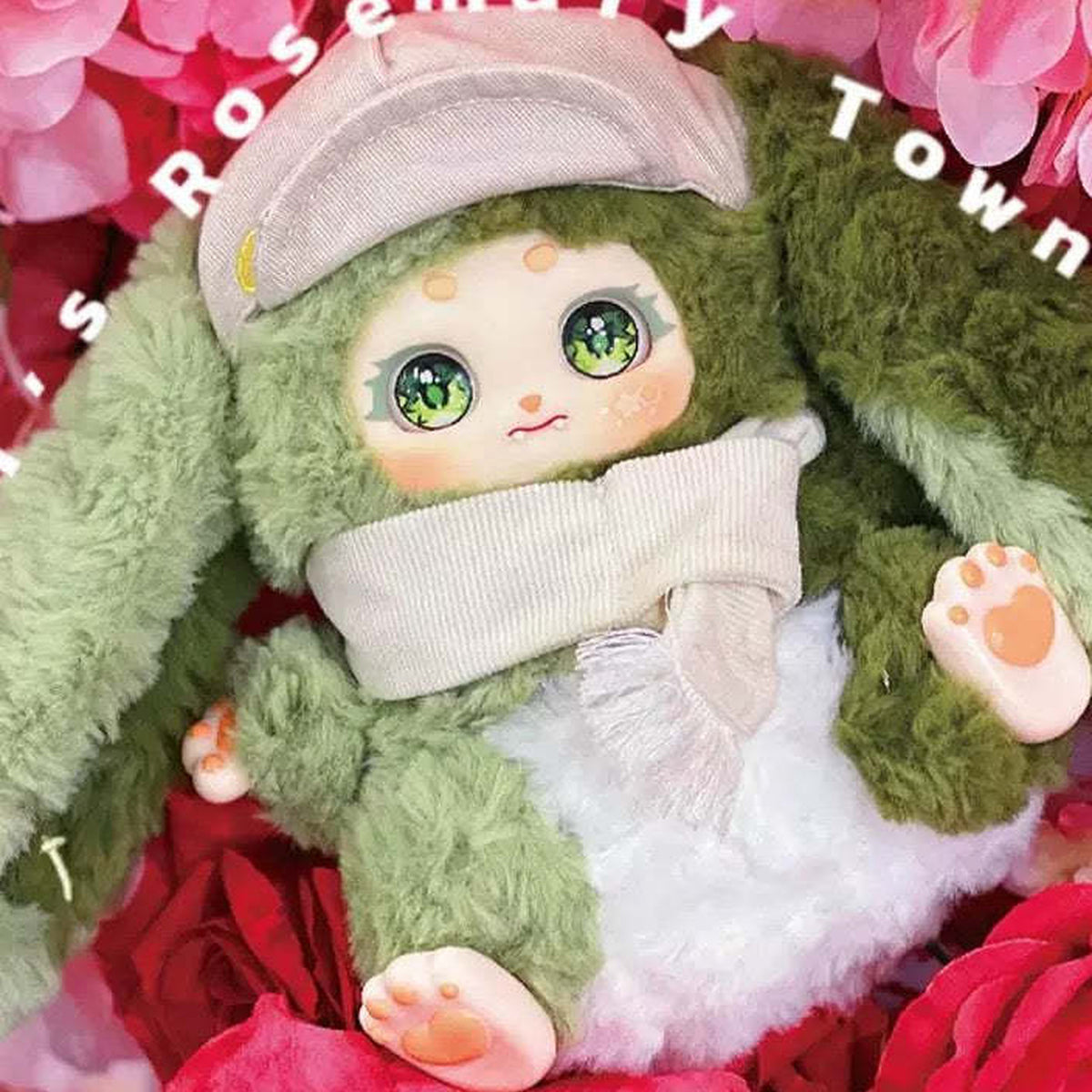 Noli's ROSEMARY TOWN Series Plush Dolls, Blind Box - Green plush design with cap and scarf; outer long-ear detail cropped; random design not guaranteed; display props not included