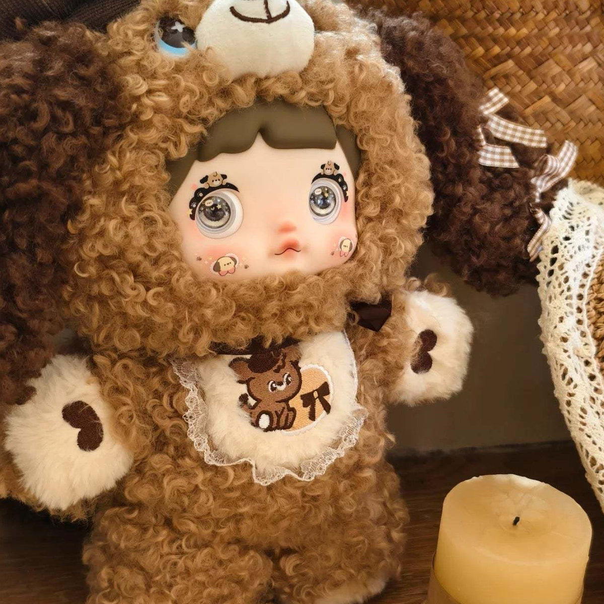 Nommi Chocolate Puppy 400% Plush Doll, Limited Edition - Chocolate Puppy hood and face detail; upper muzzle and lower feet cropped; display props not included