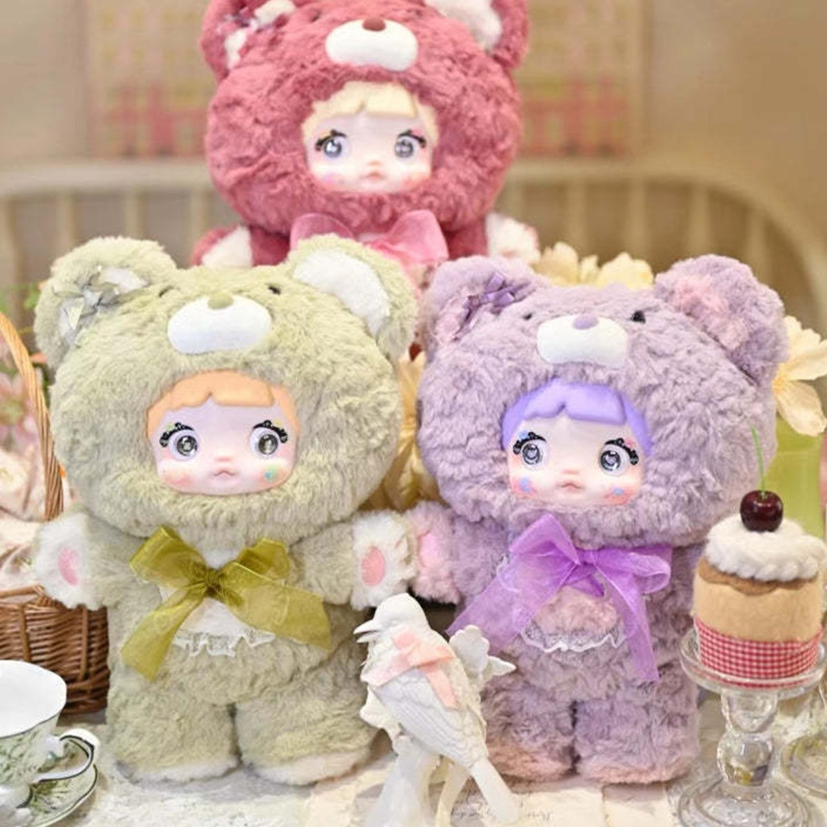 Nommi Good Night Bear Series 400% Plush Dolls, Blind Box - Series comparison with complete front plush dolls and cropped upper example; pictured design not guaranteed