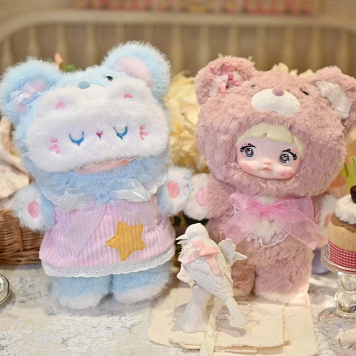Nommi Good Night Bear Series 400% Plush Dolls, Blind Box - Two bear-costume plush doll examples displayed together; pictured design not guaranteed