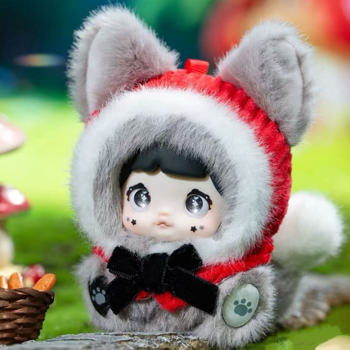 Nommi Mibao Fairy Tale Town Series Plush Dolls, Blind Box - Complete grey wolf-costume plush body seated on display surface; random design not guaranteed