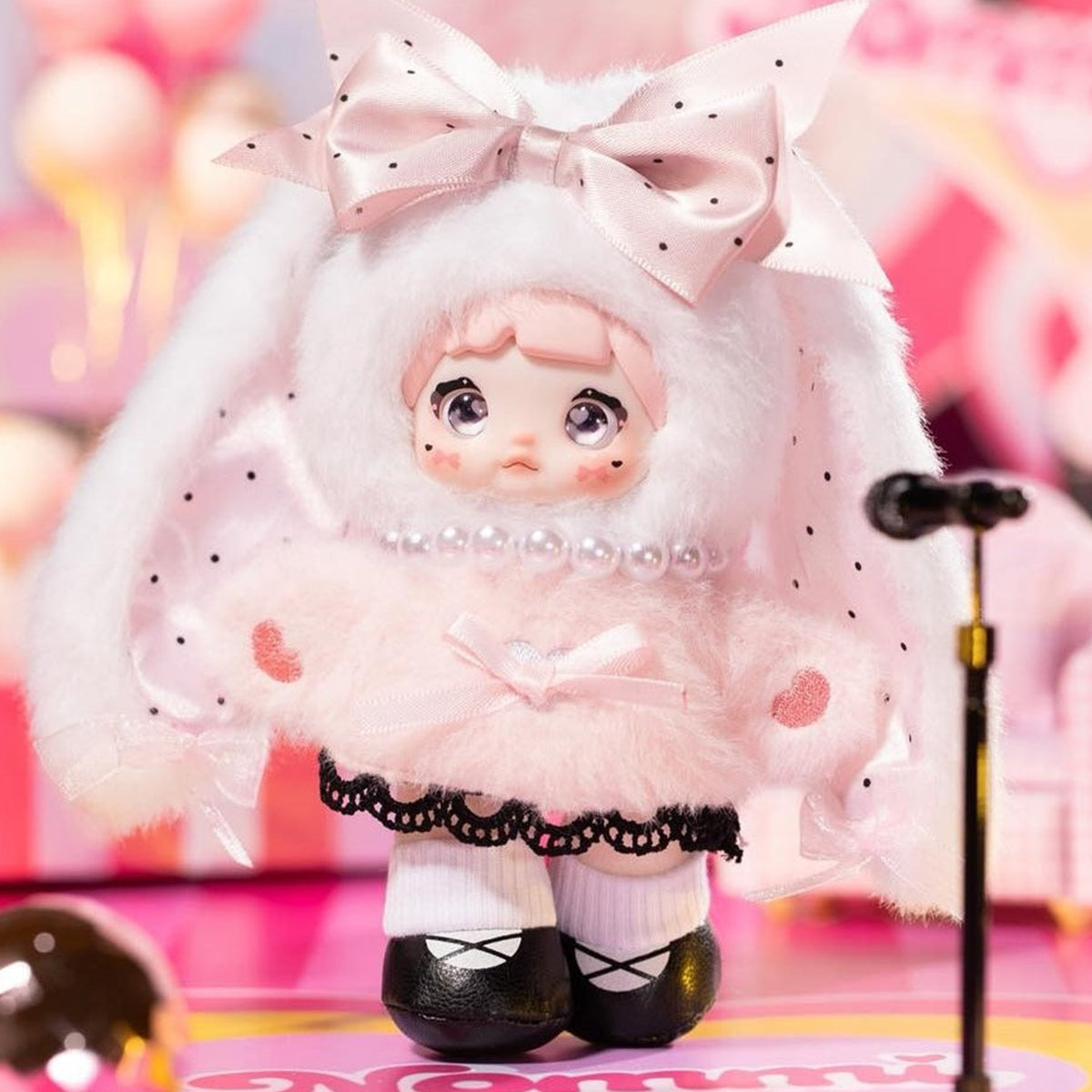 Nommi Pink Energy Series Plush Pendant Blind Box - Complete white hooded plush pendant example; display props not included; random design not guaranteed