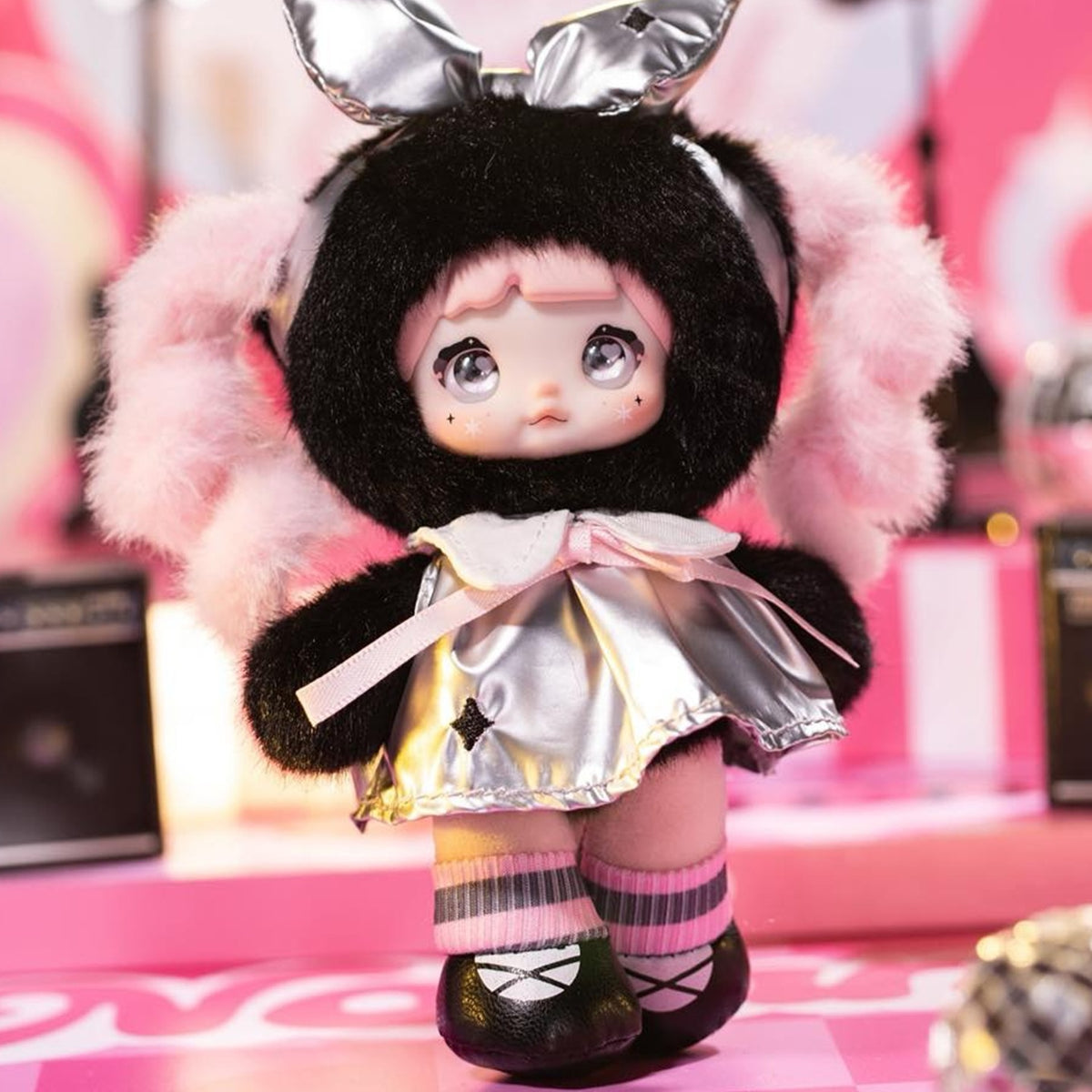 Nommi Pink Energy Series Plush Pendant Blind Box - Plush pendant detail with upper silver bow cropped; display props not included; random design not guaranteed