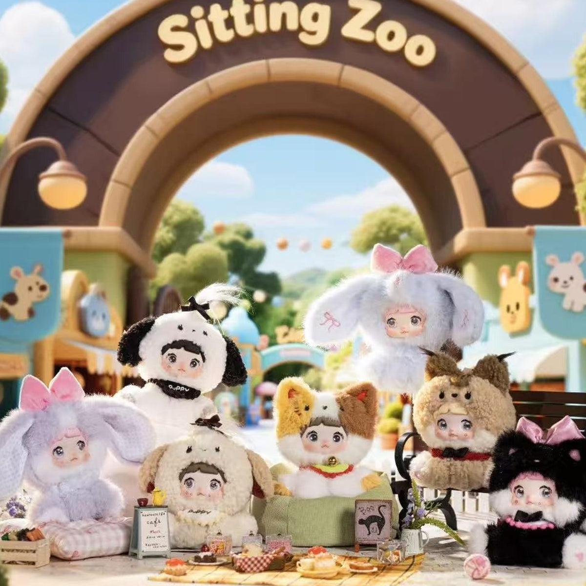 Nommi Sitting Zoo Series Vinyl Plush Doll Keychain Blind Box - Zoo plush comparison with complete central examples and cropped outer examples; random design not guaranteed
