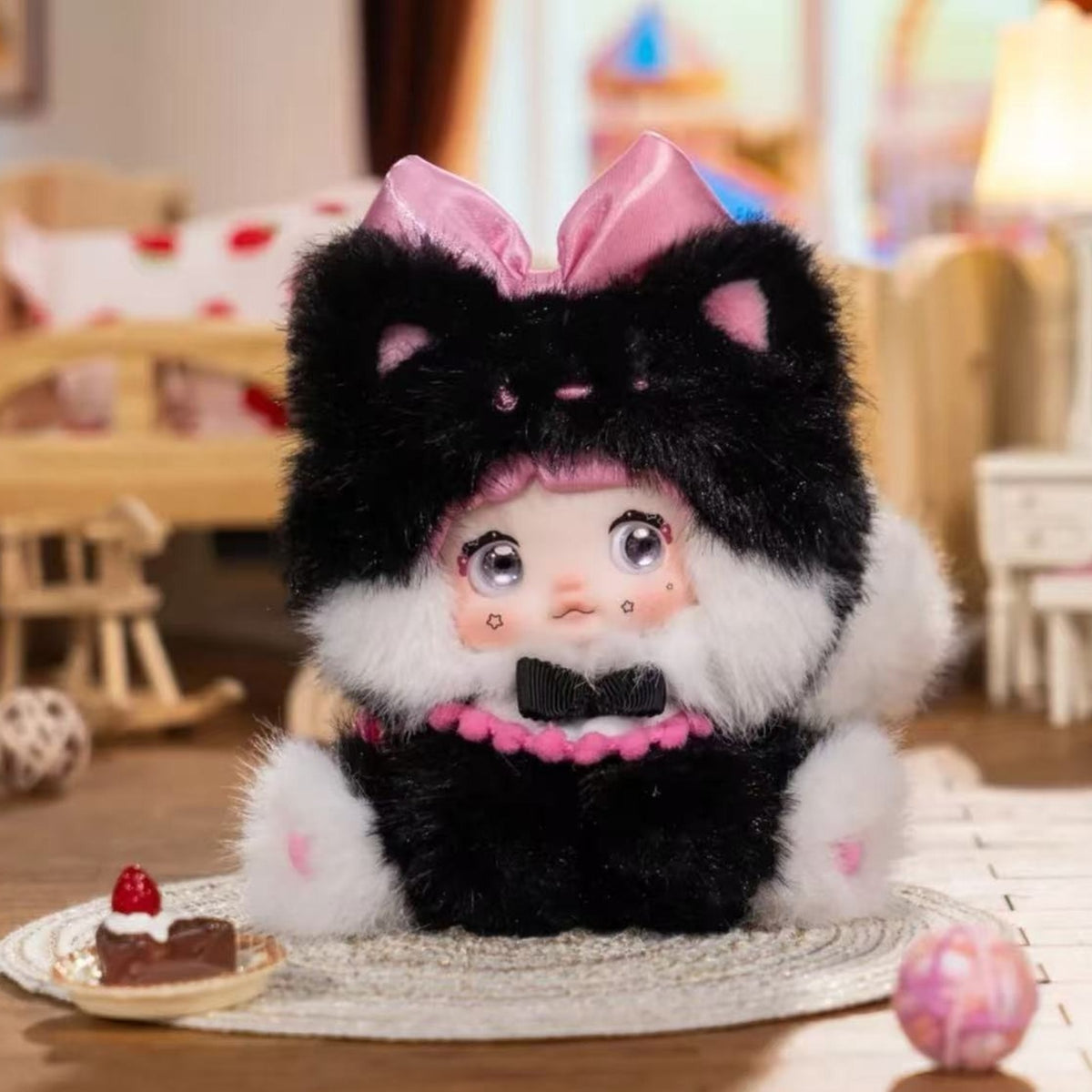 Nommi Sitting Zoo Series Vinyl Plush Doll Keychain Blind Box - Complete black-cat hood seated plush example; random design not guaranteed