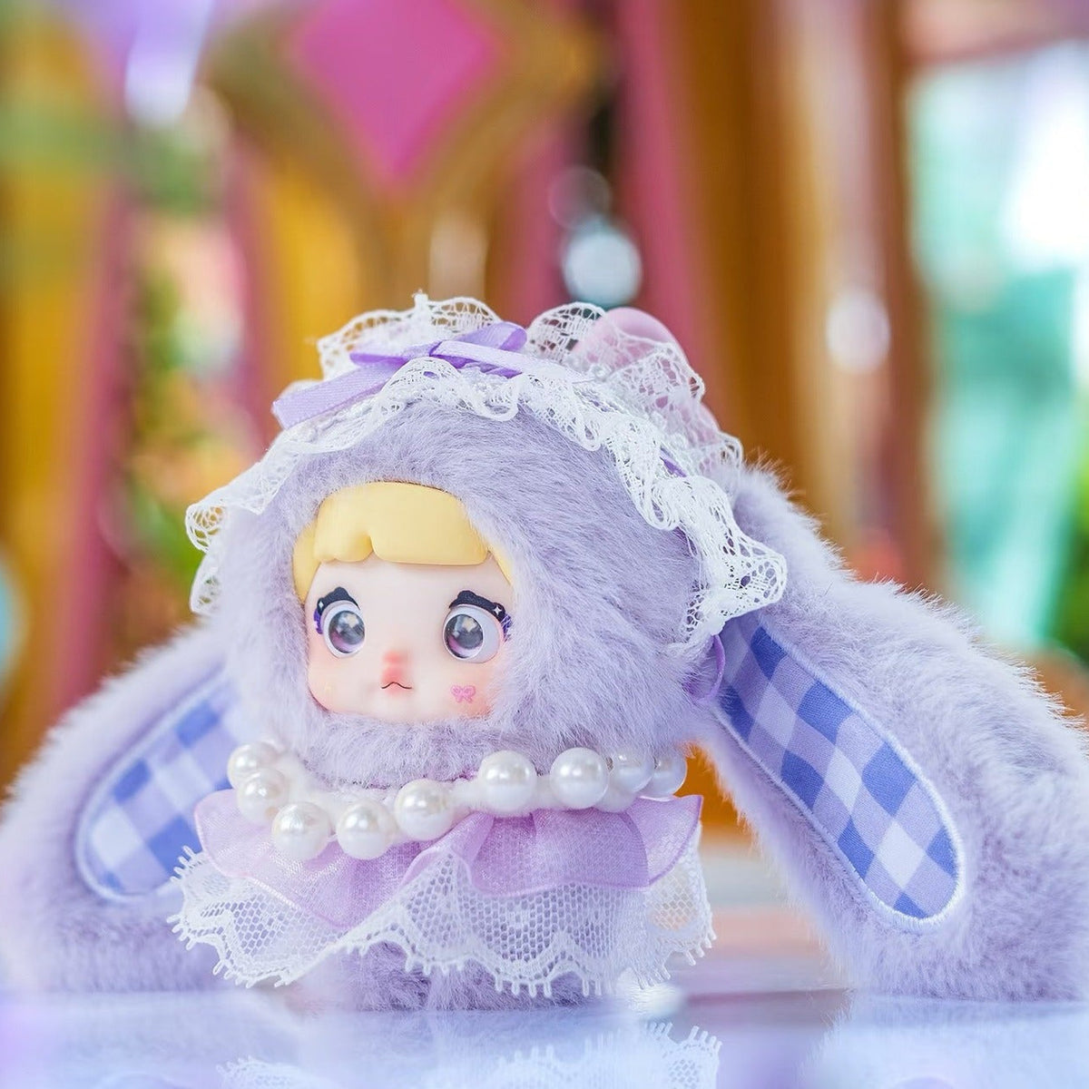 Nommi Sweetheart Bunny Series Plush Dolls, Blind Box - Purple rabbit plush pendant detail with outer ears cropped; random design not guaranteed