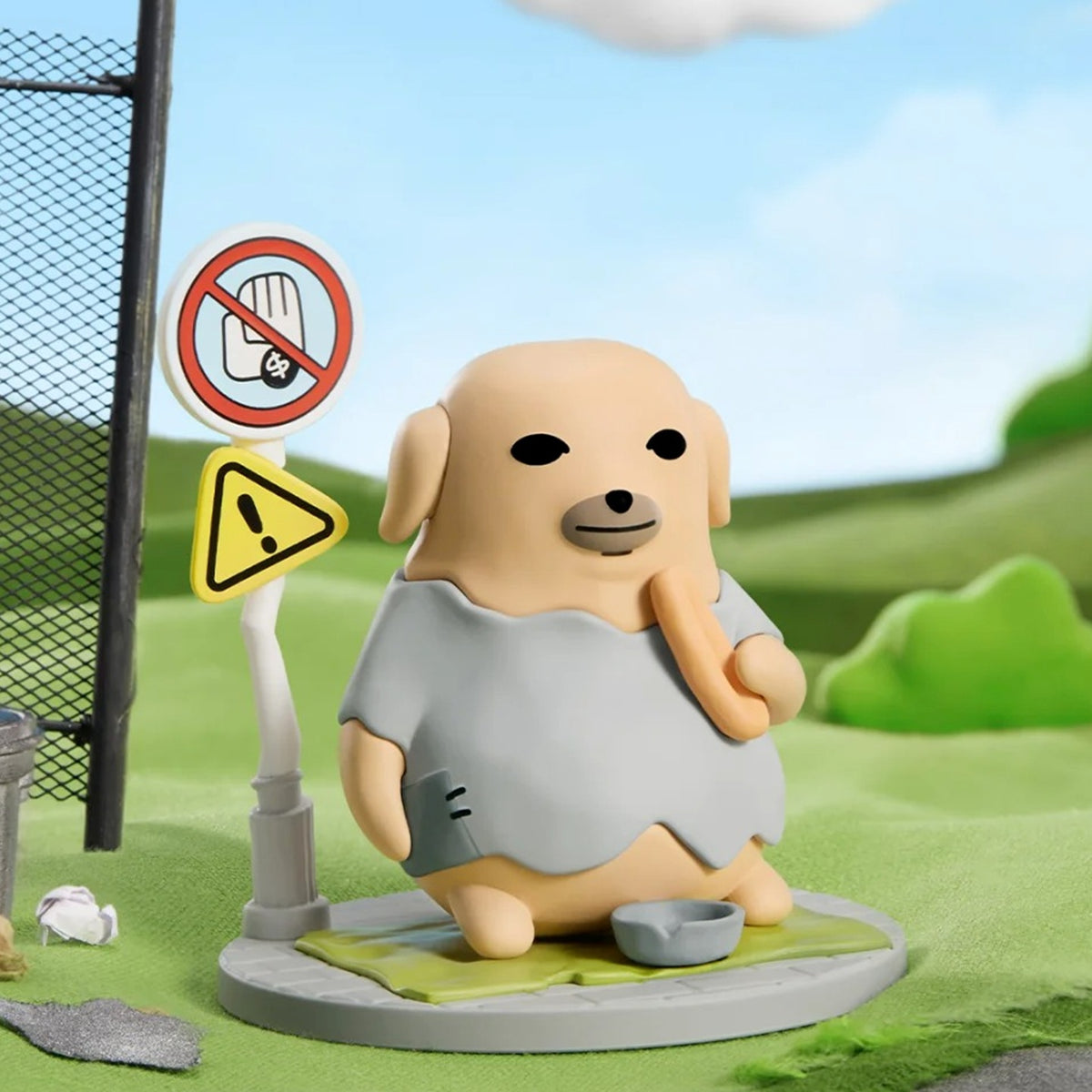 NUDAENG Just Dog It blind-box figure series: dog figure in a grey shirt in a park, shown as a possible design