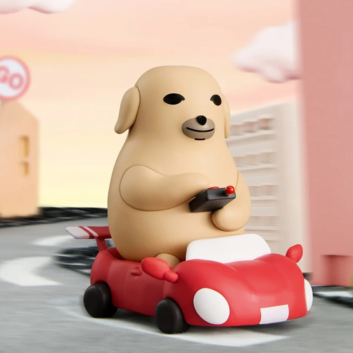 NUDAENG Just Dog It blind-box figure series: dog figure driving a red car, shown as a possible design