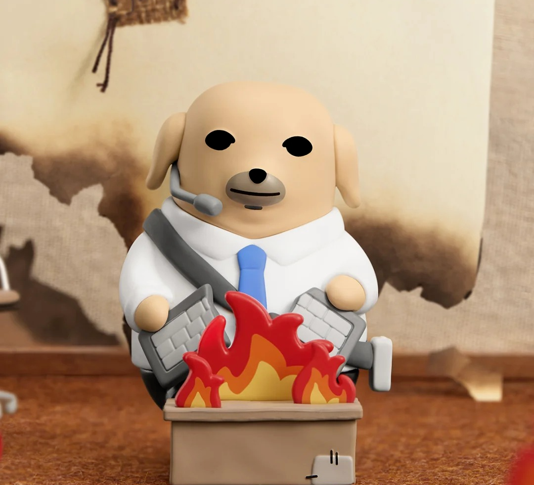 NUDAENG Just Dog It blind-box figure series: suited dog figure with a briefcase and flames, shown as a possible design