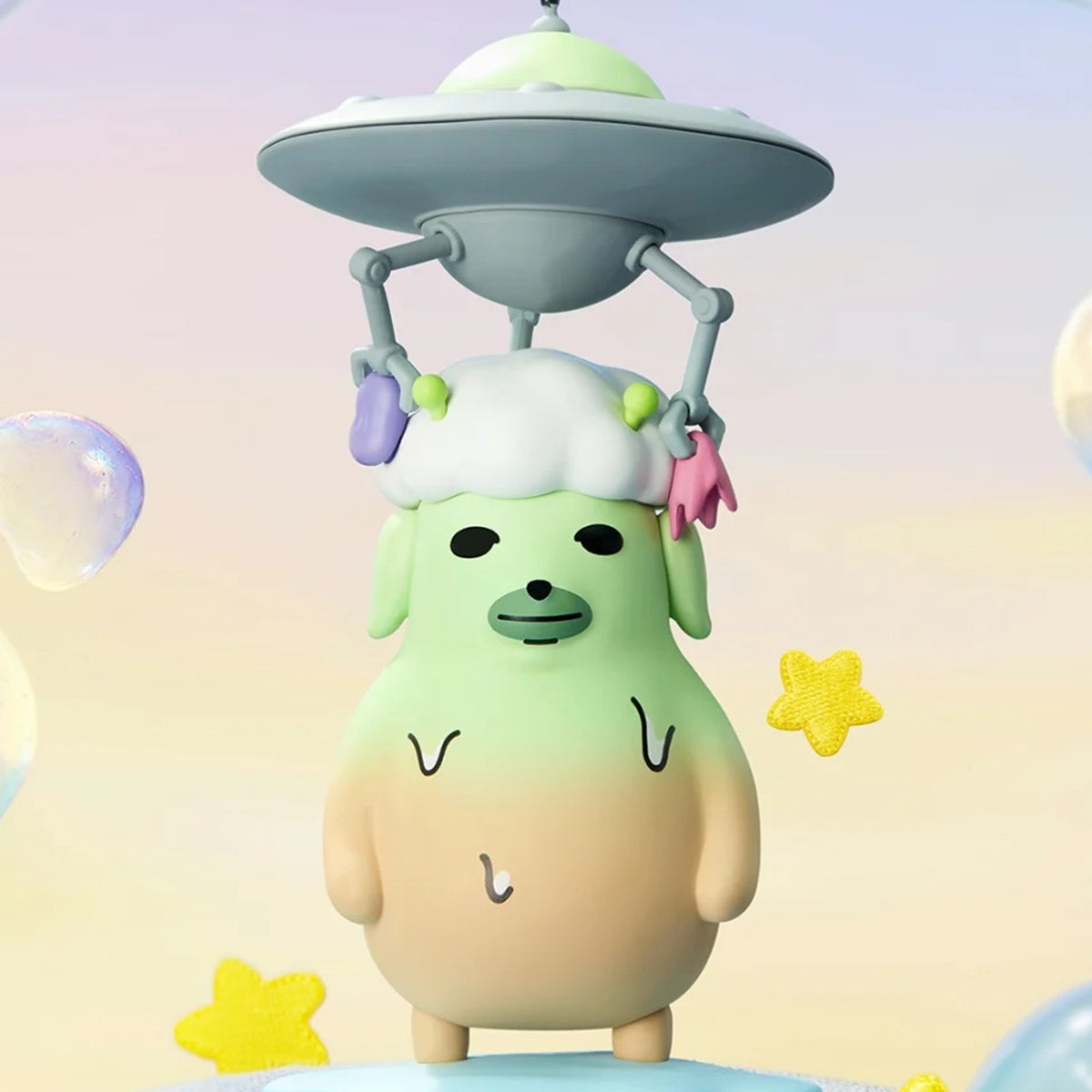 NUDAENG Just Dog It blind-box figure series: green dog figure beneath a UFO, shown as a possible design