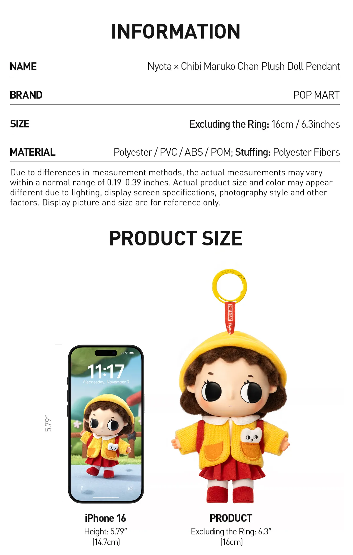 English size and materials for NYOTA x Chibi Maruko Chan pendant; 16 cm excludes ring