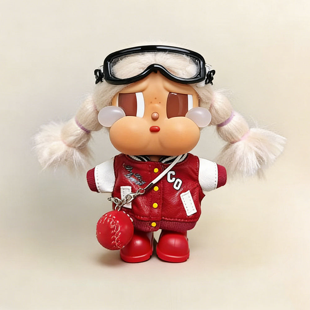 Old-School Heritage Style Leather Jacket & Goggles Set for Crybaby - Crimson doll outfit detail view | KikiBuddies