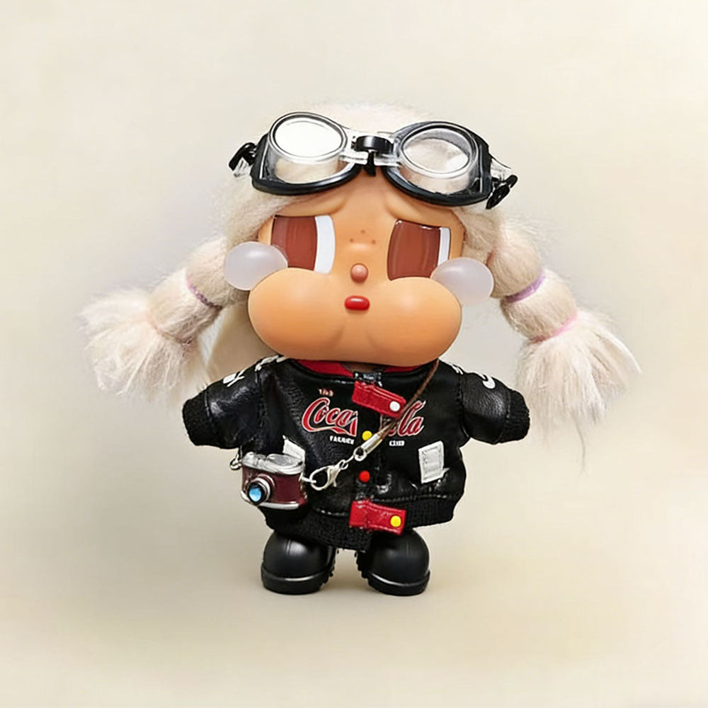 Old-School Heritage Style Leather Jacket & Goggles Set for Crybaby - Noir doll outfit front view | KikiBuddies