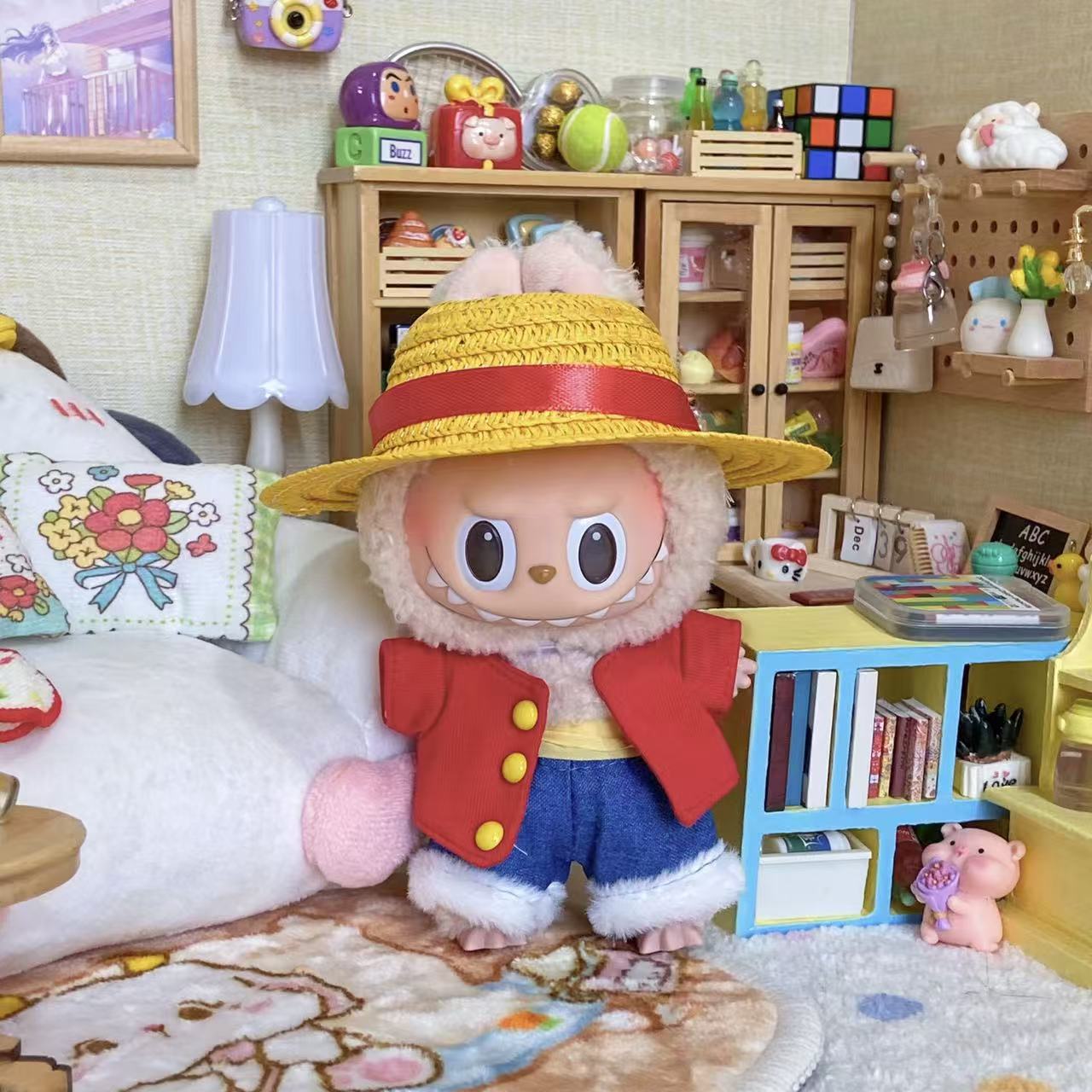 One Piece Costume Set for Labubu 17cm - Chopper or Luffy Full Outfit - Luffy Full Set doll outfit front view | KikiBuddies