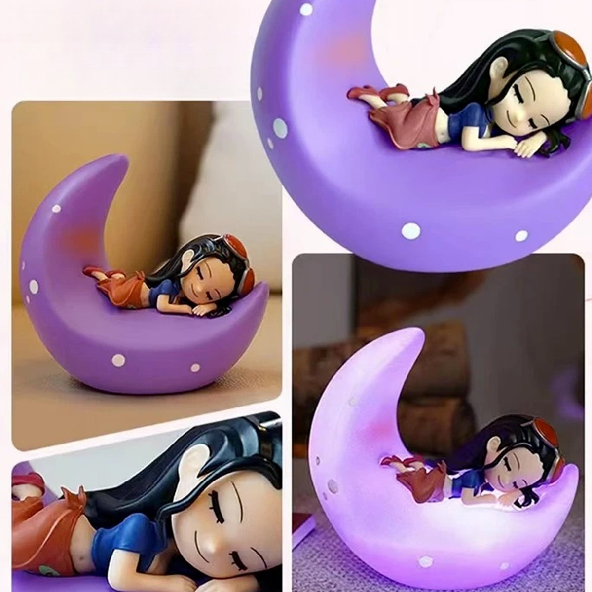 One Piece Sweet Dreams Lamp Series Lamp Figure Blind Box - Complete small purple crescent lamp figure example with larger detail views cropped; random design not guaranteed