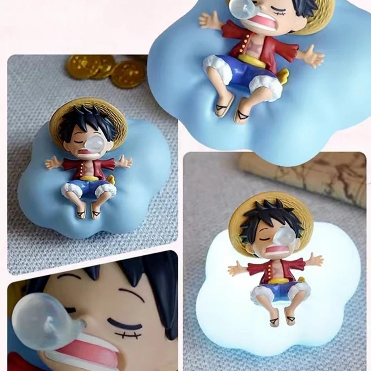 One Piece Sweet Dreams Lamp Series Lamp Figure Blind Box - Complete central cloud lamp figure with enlarged cropped detail views; random design not guaranteed