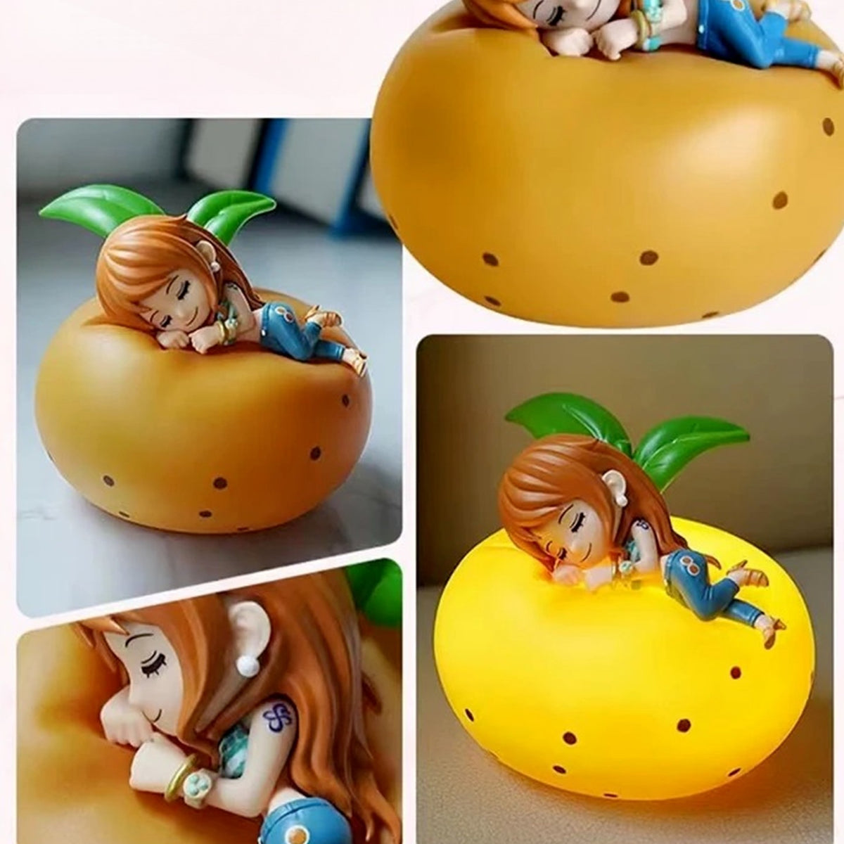 One Piece Sweet Dreams Lamp Series Lamp Figure Blind Box - Complete small fruit-shaped lamp figure example with larger detail views cropped; random design not guaranteed