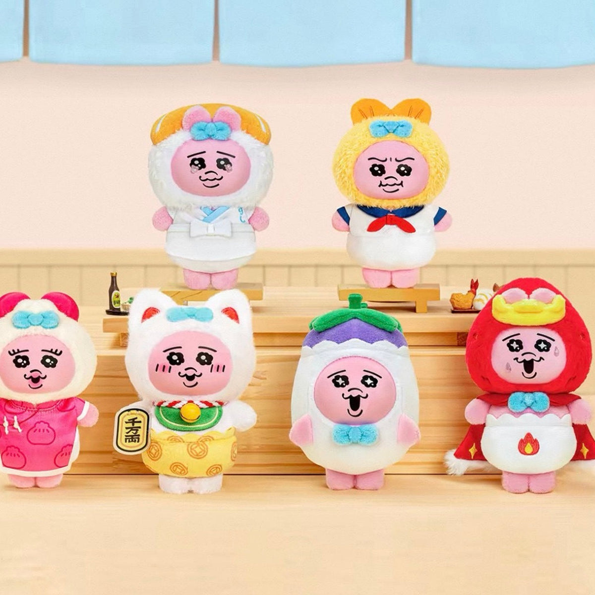 Opanchu Usagi Fantastic Restaurant Series Plush Pendant Blind Box - Series overview with complete central plush pendant examples; outer examples cropped; random design not guaranteed