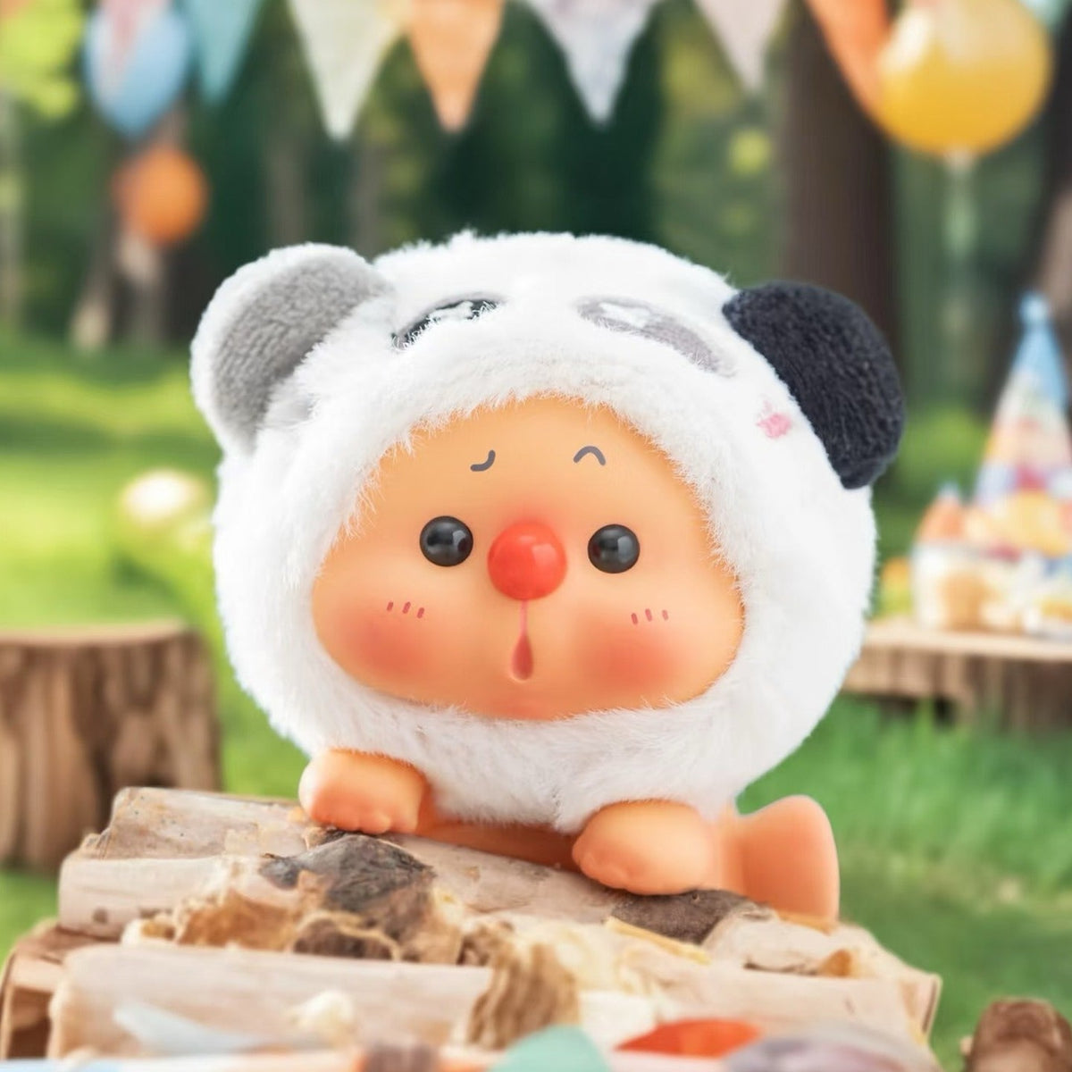 OYO Animal Party Series Mini Figures, Blind Box - Complete panda-costume vinyl-face plush figure example; styling logs and props not included; random design not guaranteed
